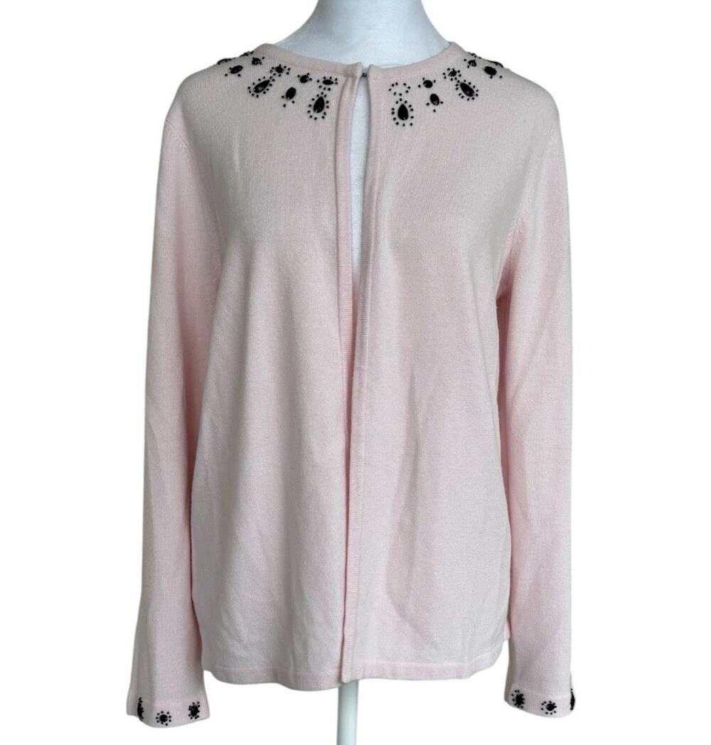 Mercer Street Studio Luxelon Beaded Pink Cardigan Sweater Medium Grandmacore